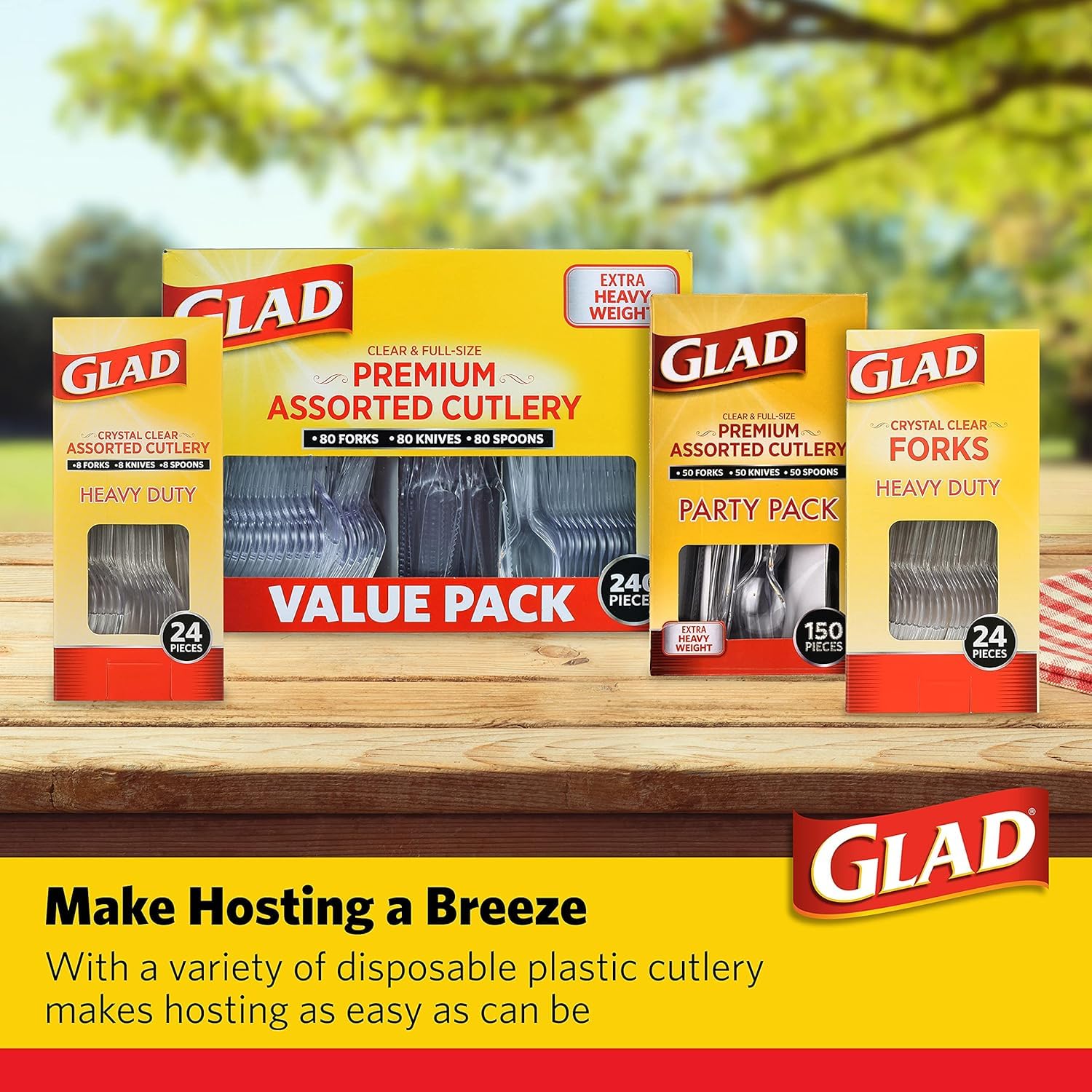 Glad Clear Heavy Duty Plastic Forks Reduced-Plastic Open Handle Break-Resistant Disposable or Reusable Cutlery Parties Camping Everyday Meals Standard Size 24 Count 12 Pack Everyday Events Home Use