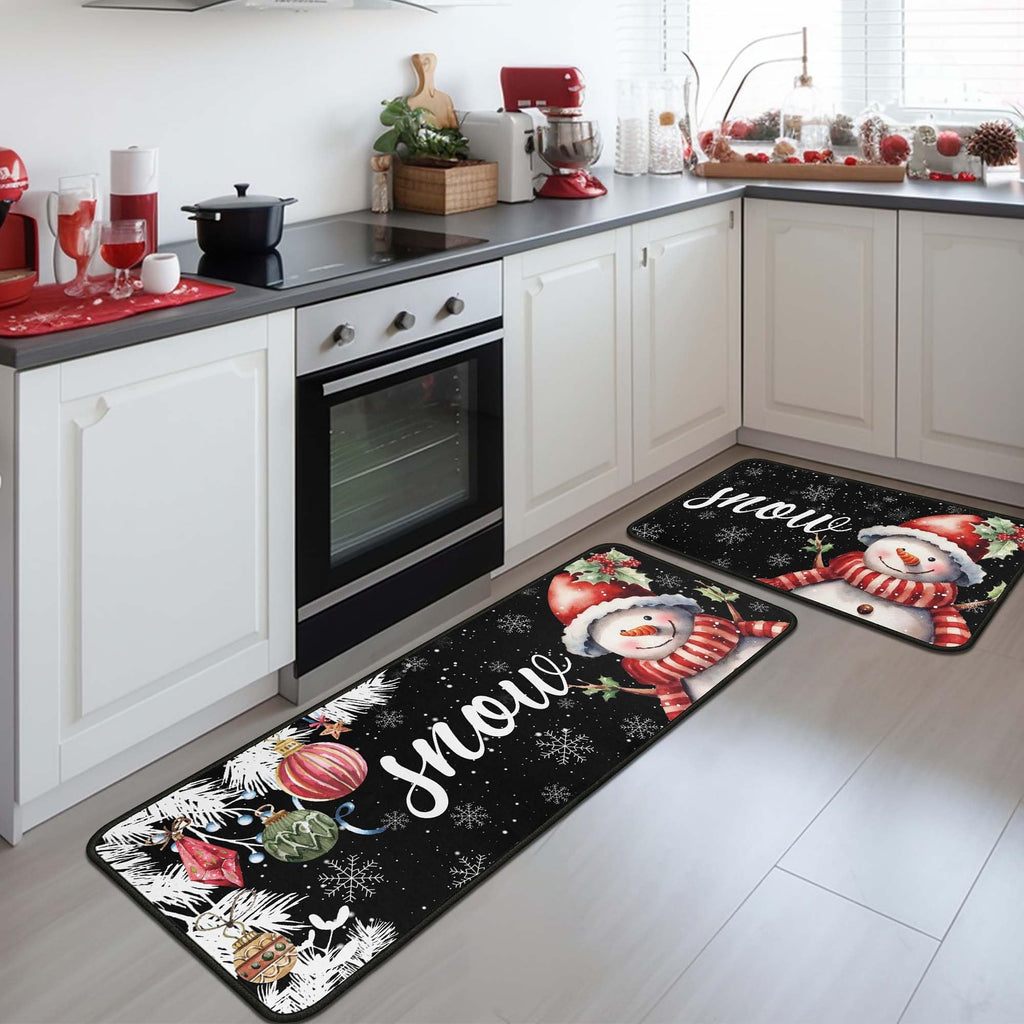 Yovirinto Red Buffalo Plaid Snowflake Christmas Kitchen Rugs and Mats Set of 2, Winter Home Decor Low-Profile Floor Mat Decorations for Home Kitchen 17"x47"+17"x30"