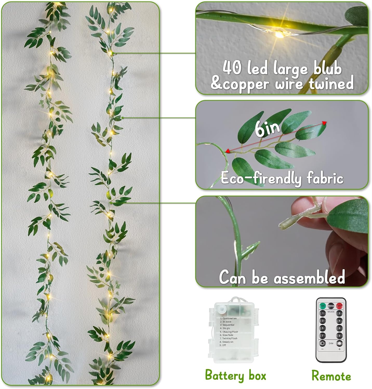 Suddus Willow Vine Fairy Lights - 12ft Battery Operated 40 LED String Lights with Remote | Warm White Decor for Bedroom, Garden, Party, Wedding
