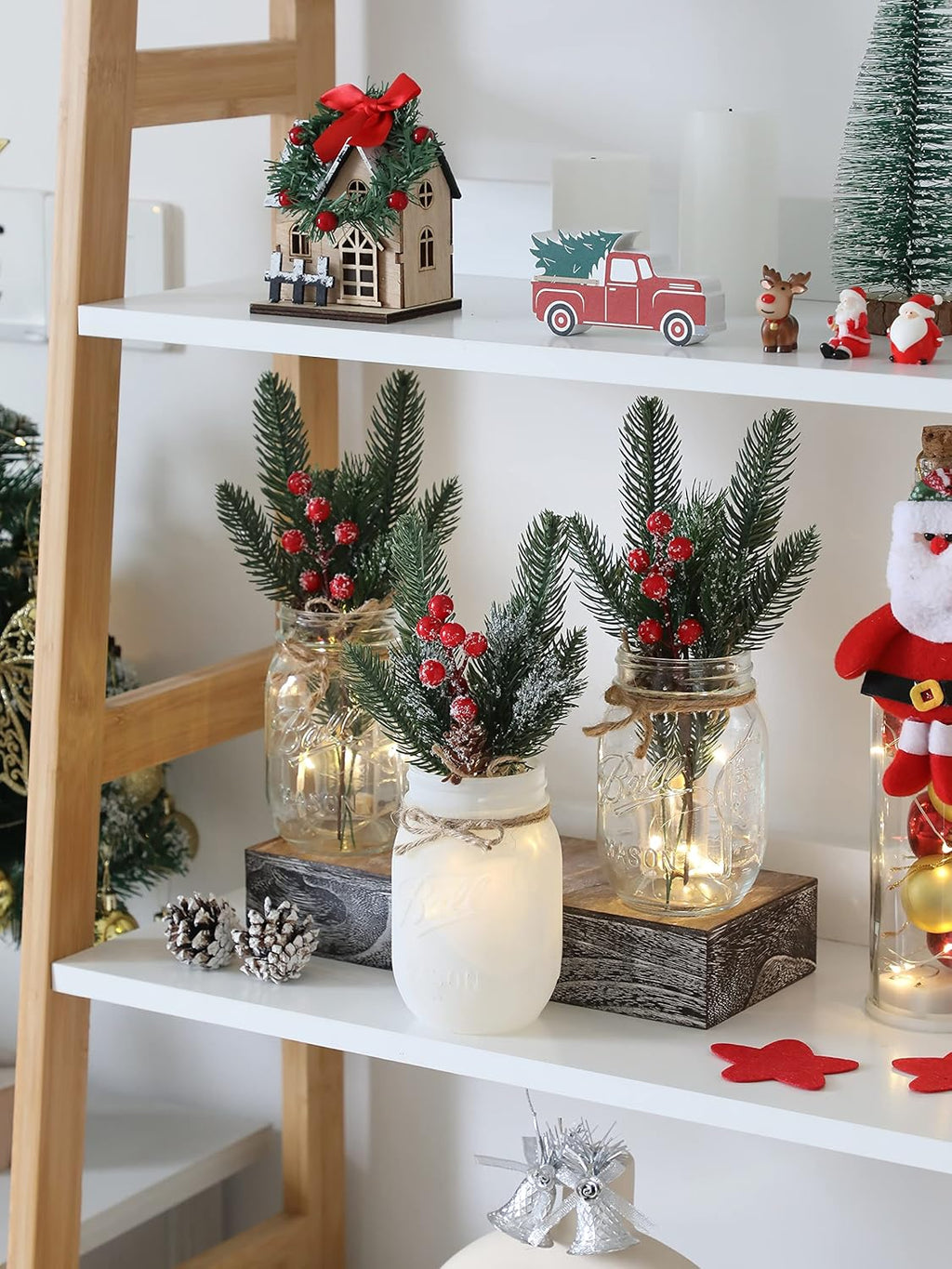 Skiennix Winter Mason Jar Centerpiece - LED Lights & Artificial Plants | Set of 3 Farmhouse Decor