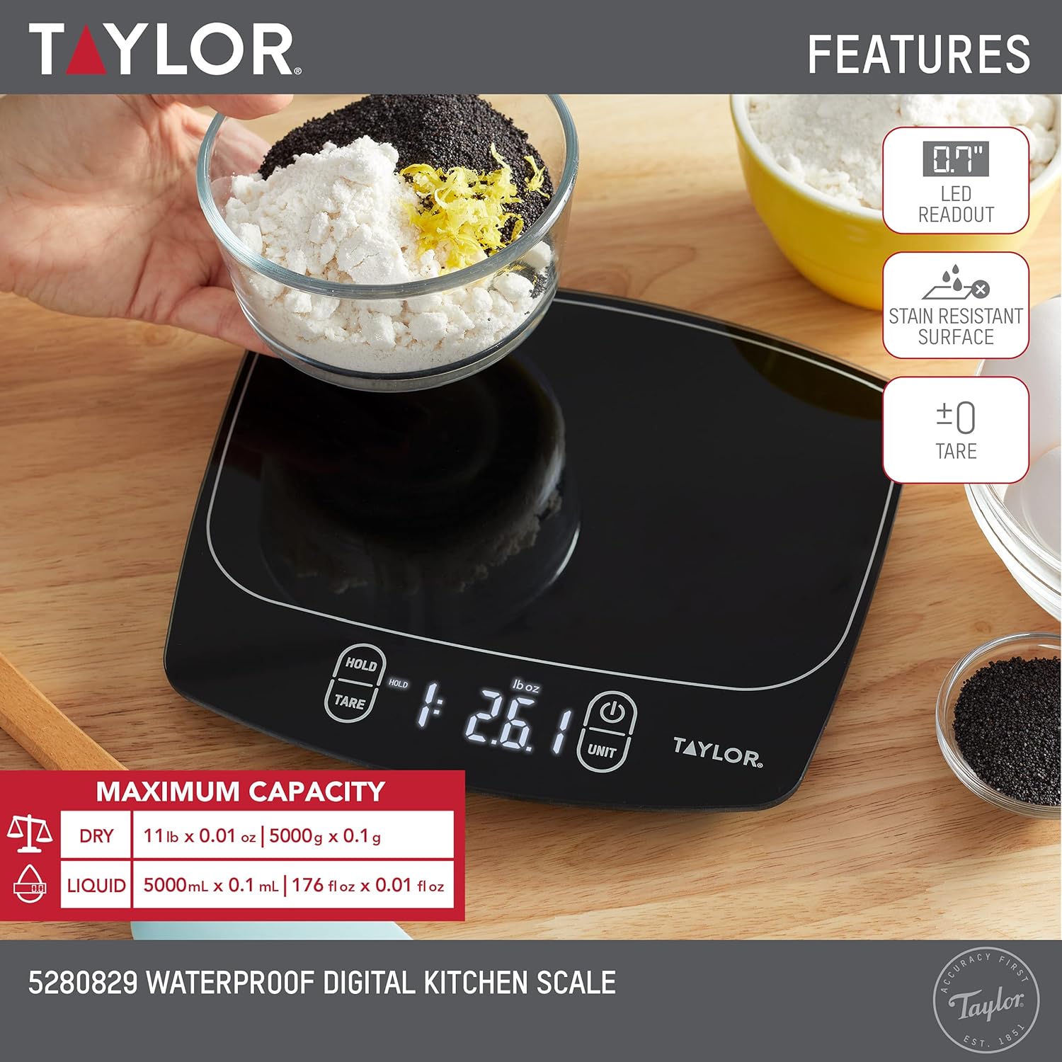 Taylor Waterproof Digital Kitchen Scale - Accurate Measurement Up to 11 Pounds | Sleek Black Design