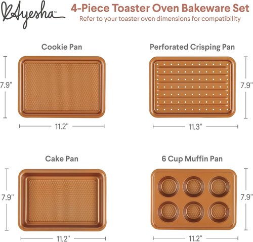 Ayesha Curry Nonstick Bakeware Set - 4-Piece Toaster Oven Set with Copper Brown Baking Pan & Muffin Pan