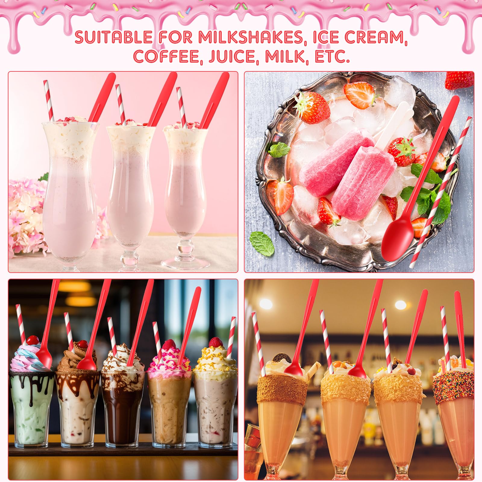 Potchen 100 Sets/200 Pcs 8.27 Inch Sundae Spoons and Red Paper Straws Heavy Duty Plastic Utensils Party Supply for Ice Cream,Milkshakes,Stirring Cocktails and Tall Ice Beverages
