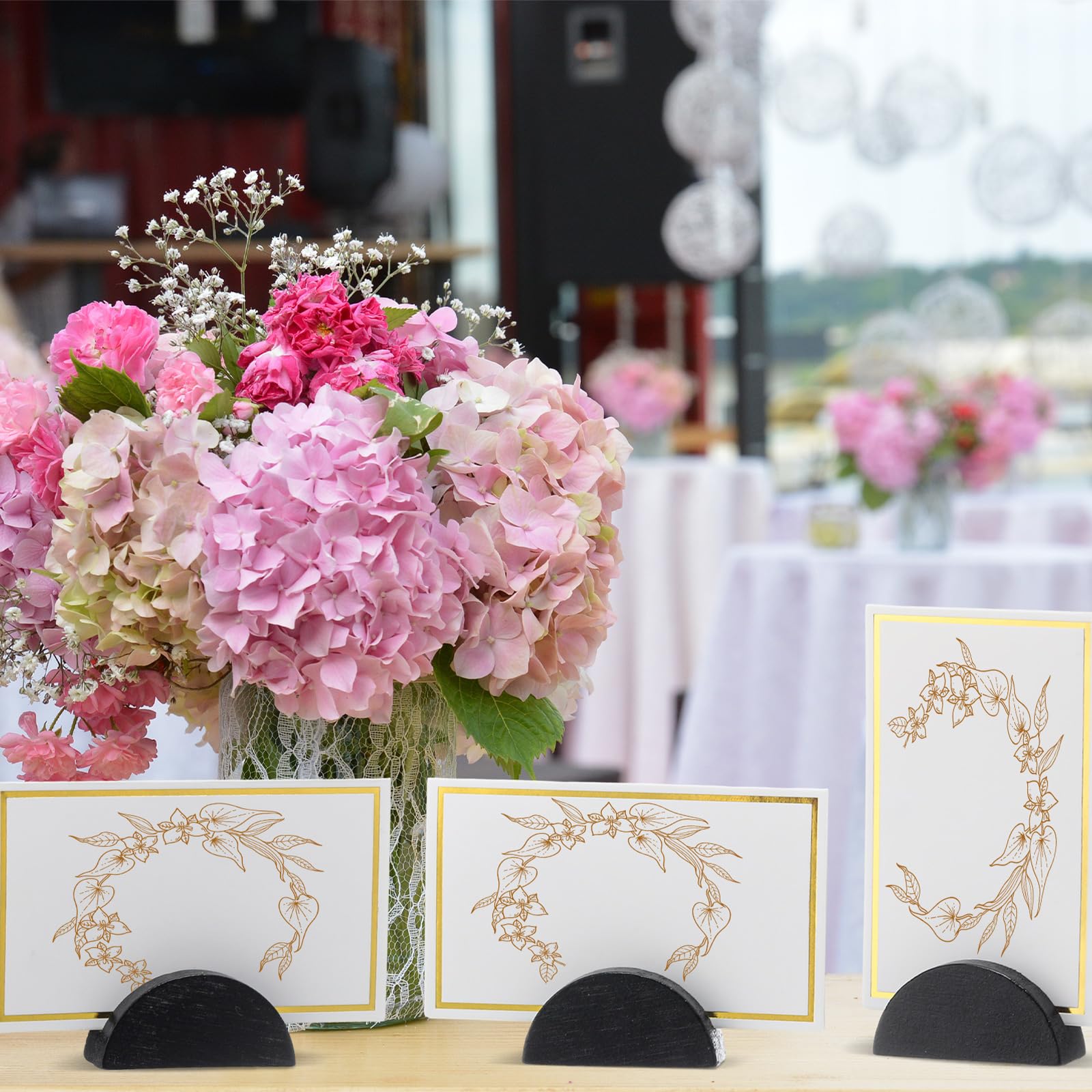 Colingmill 24 Pcs Wooden Table Number Stands Wedding Table Name Holder Semicircular Design Place Card Holders with 24 Pcs Tented Cards for Retail Shop Wedding Party Events Decoration(Black)