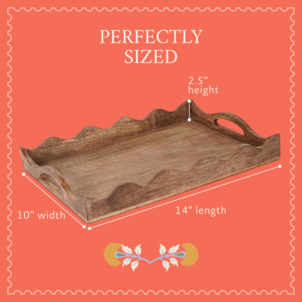 Mela Artisans Wooden Serving Tray with Handles | 12x8x2.5 Mango Wood Decorative Tray | Ottoman Tray | Snacks | Desserts | Breads | Coffee Table | Bedroom | Scalloped Design