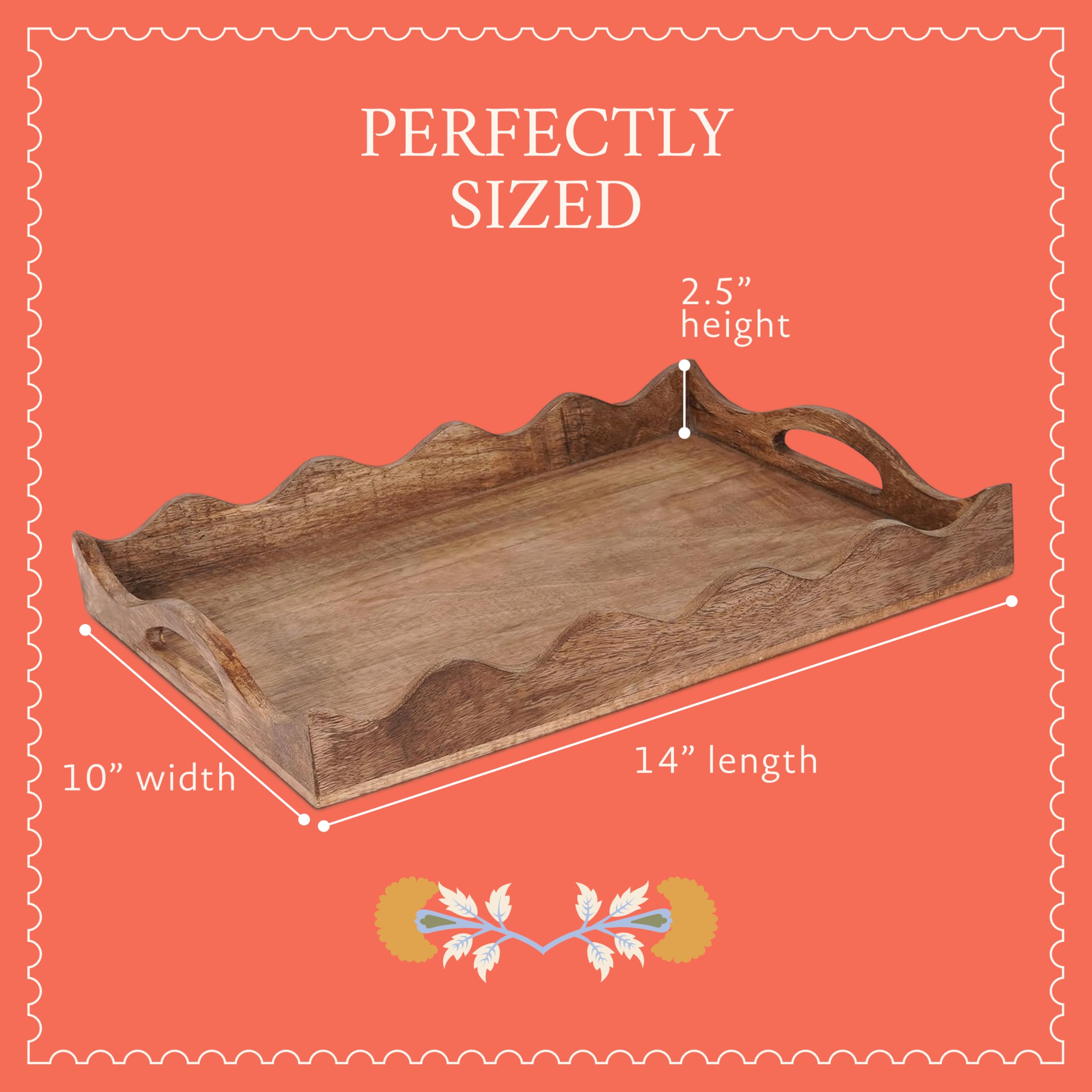 Mela Artisans Wooden Serving Tray with Handles | 12x8x2.5 Mango Wood Decorative Tray | Ottoman Tray | Snacks | Desserts | Breads | Coffee Table | Bedroom | Scalloped Design