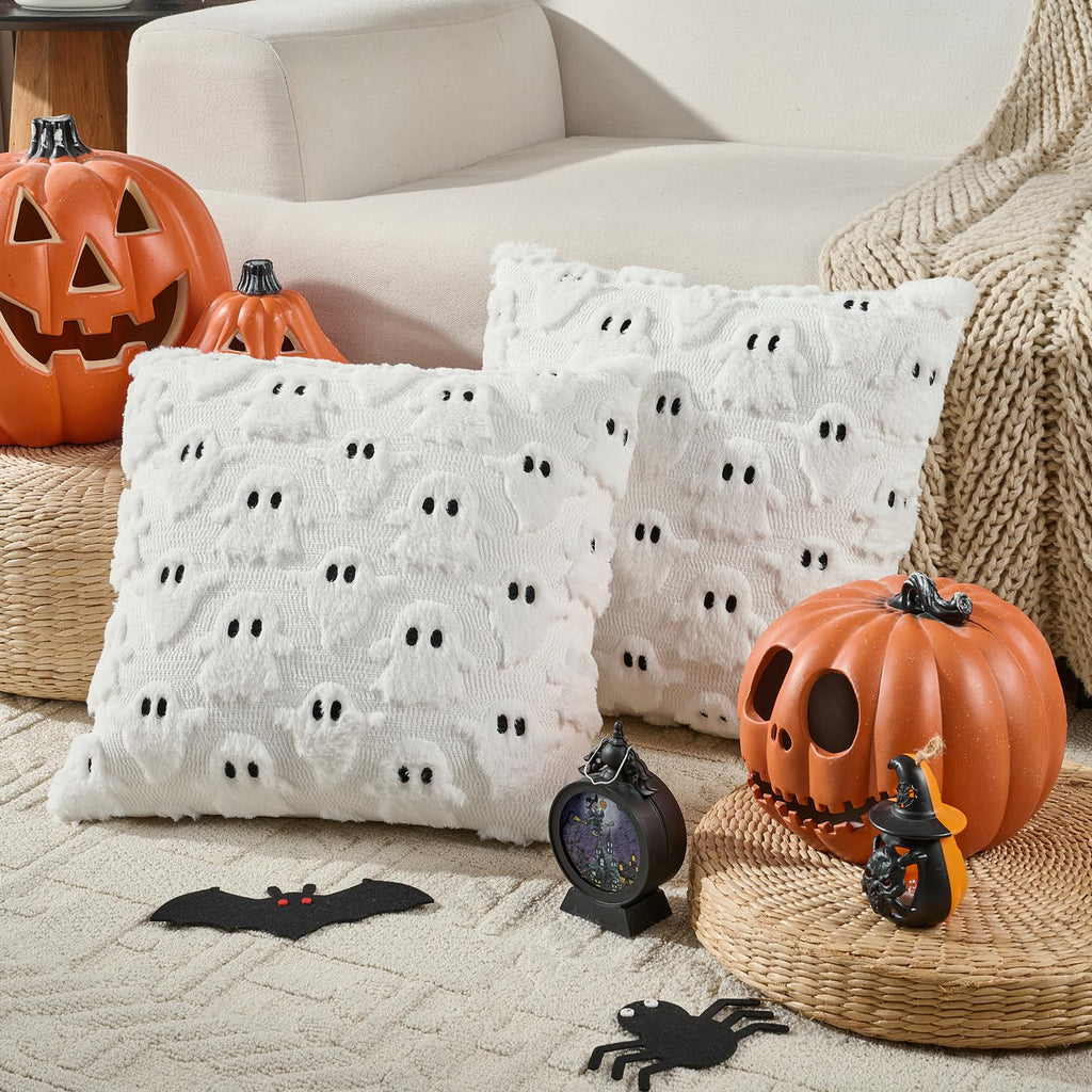 Volcanics Halloween Ghost Pillow Covers 20x20 Set of 2, White Plush Faux Fur Decorative Throw Cushion Cases for Fall Autumn Holiday Home Decor - Soft Farmhouse Style for Sofa, Couch, and Bedroom
