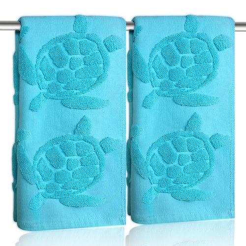 UHRMF 2 Pcs Sea Turtle Hand Towels for Bathroom 100% Cotton Jacquard Weave Teal Turquoise Coastal Beach Guest Hand Towels Bathroom Kitchen Towels Decor Accessories (Turtle Blue, 2*Hand Towel)