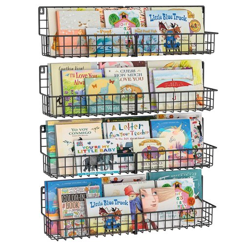 X-cosrack 24 Inch Wall Mounted Kids Bookshelf, Floating Metal Book Shelves for Kids Nursery Toddler Classroom, Hanging Book Shelf Organizer for Room Decor, Black, Set of 4
