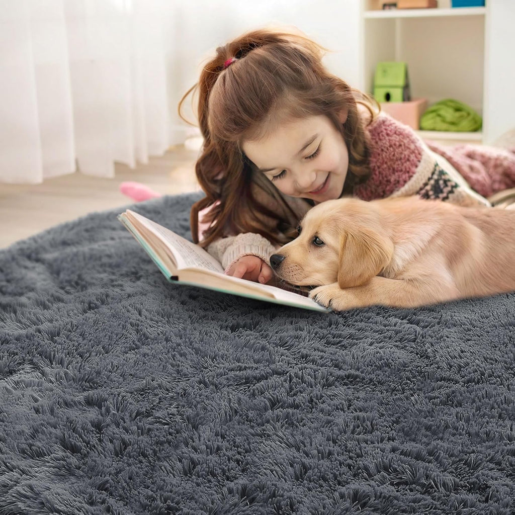 OLANLY Grey Round Rug - Soft, Fluffy Shaggy Carpet for Bedroom | 2 ft Machine Washable Area Rug