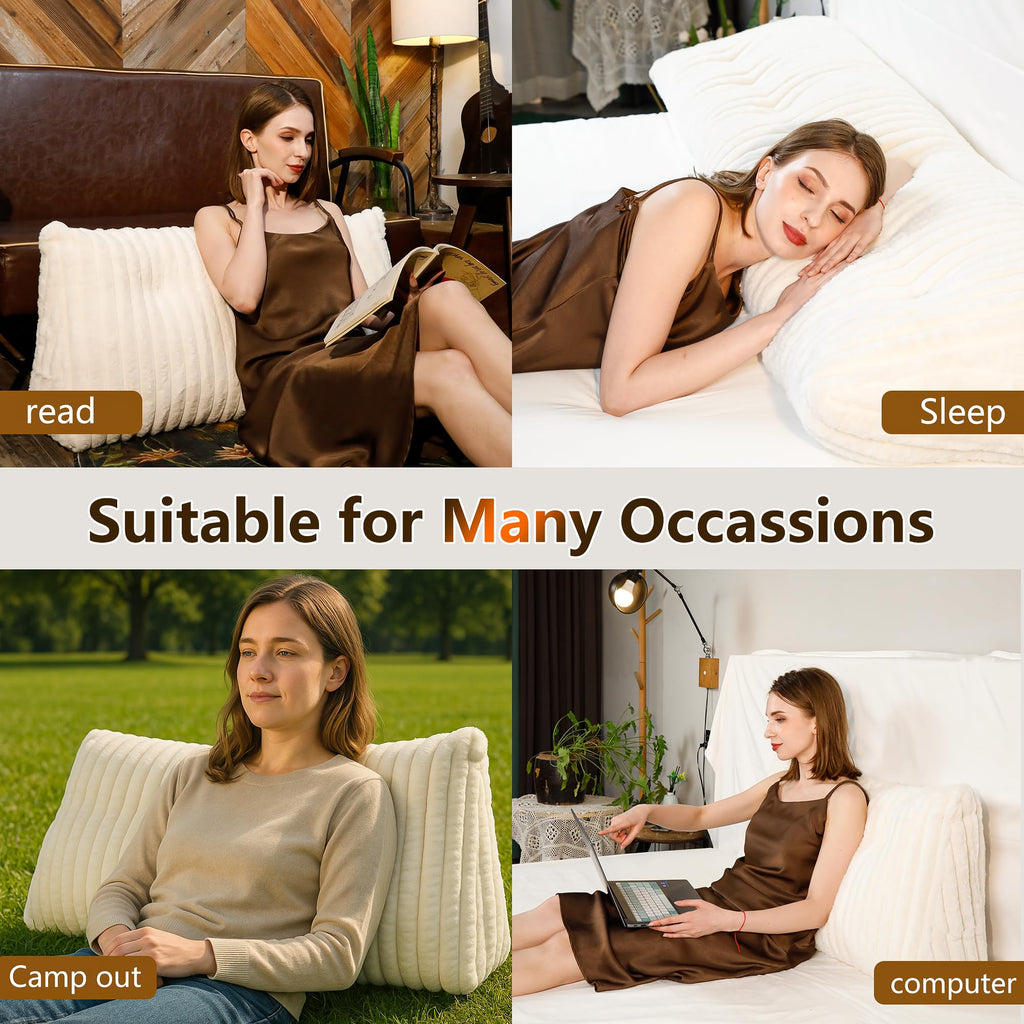 Wellty Care Luxury Faux Fur Headboard Pillow Twin Size - Triangular Wedge Cushion for Bed & Sofa, Fluffy Reading Backrest Bolster with Detachable Neck Roll, Washable Cover & Side Pocket, Ivory
