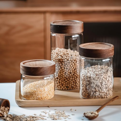MOLADRI 3 Pack 17 fl oz/500ml Clear Glass Storage Canister with Airtight Wooden Screw On Lid, Small Cute Decorative Glass Container Jar Set for Coffee, Candy, Cookie, Condiment, Pepper, Sugar, Oatmeal