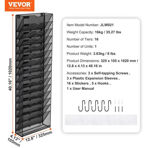 VEVOR Wall Newspaper Holder 1 Piece Brochure Holder with 16 Compartments, Wall Mounted Organiser Metal Magazine Holder for Magazines Paper and Documents File Tray for Office