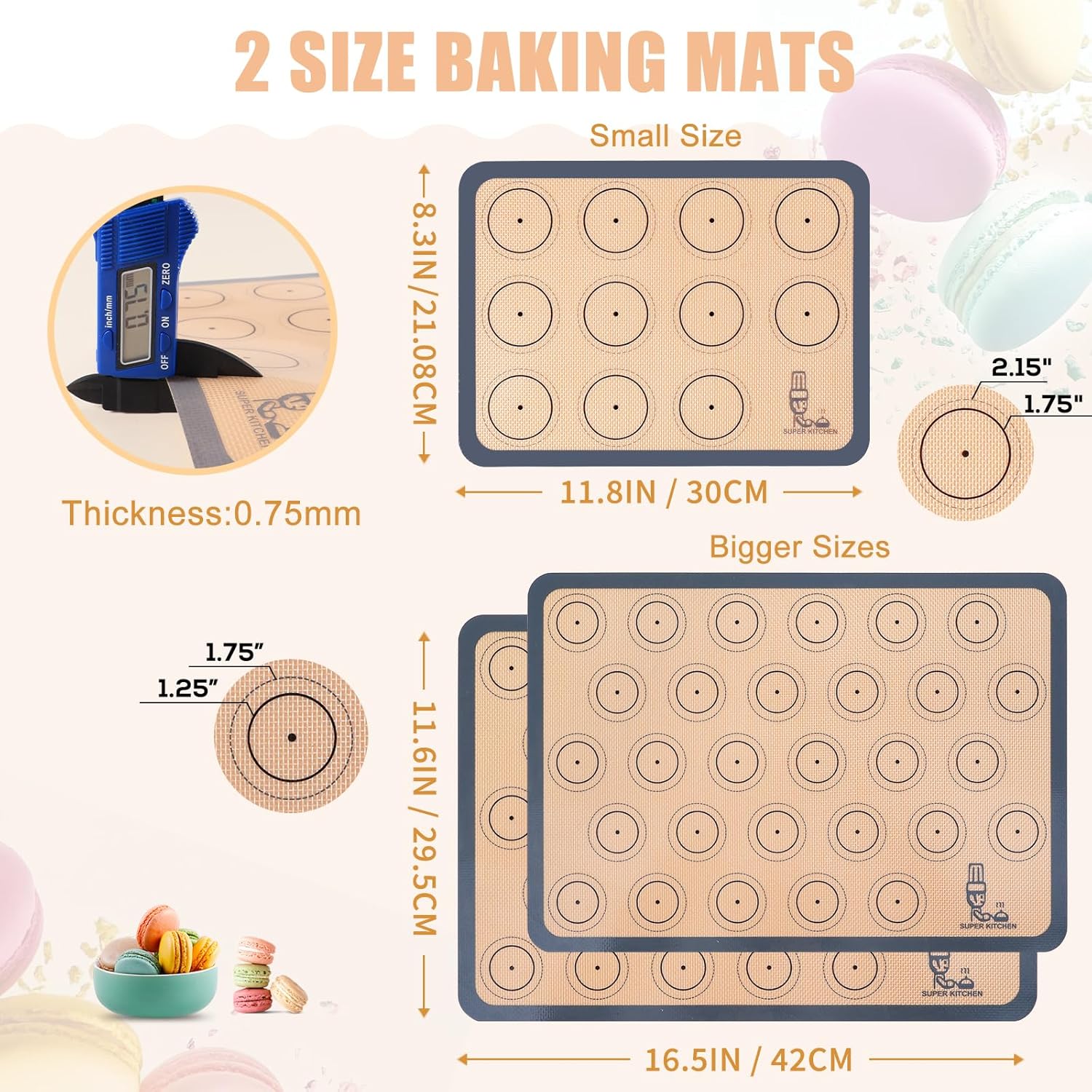 Silicone Baking Mat Macaron - Non-Stick Set of 3 | 2 Half Sheet Liners & 1 Quarter Sheet, Grey (16.5x11.6)