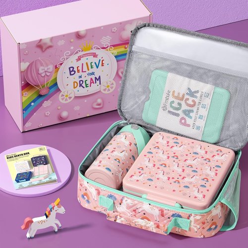 Fimibuke Kids Bento Lunch Box - 4 Compartments with Insulated Bag & Stainless Steel Bottle | Perfect Birthday Gift for Ages 3-12