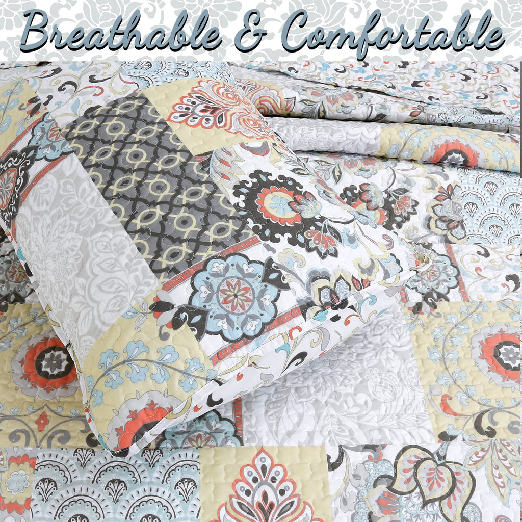 Cozy Line Home Fashions Moorea Floral Gray Yellow Coral Aqua Blue Patchwork Microfiber Reversible Bedding Quilt Set, Coverlet, Bedspread (Fleur-de-lis, King - 3 Piece)