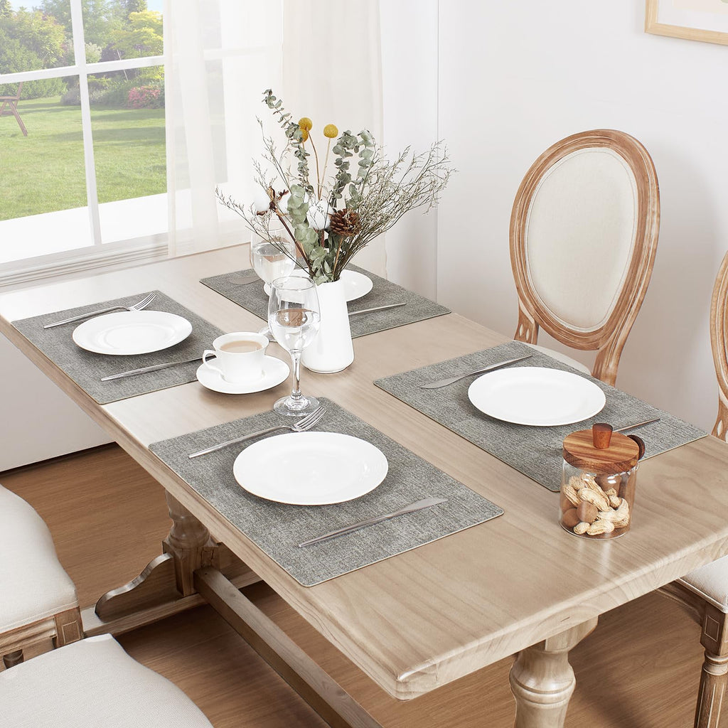Softalker Vinyl Placemats Set of 6 - Faux Leather Heat Resistant Place Mats, 100% Waterproof Oilproof Wipe Clean Table Mats for Indoor & Outdoor Use, 17’’×12’’, Light Grey