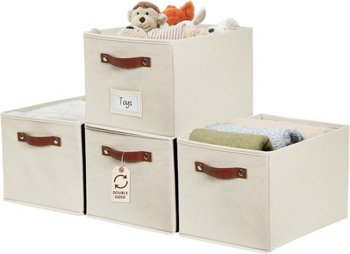 DECOMOMO Storage Baskets - Large 15"x11"x10" Foldable Fabric Bins for Easy Organizing | Beige, 4-Pack