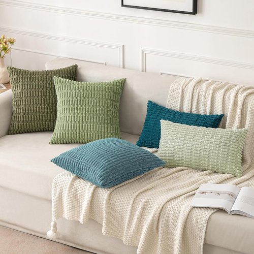 MIULEE Corduroy Decorative Throw Pillow Covers - Soft Boho Striped Design | 18x18 Inch Coastal Blue for Modern Home Decor