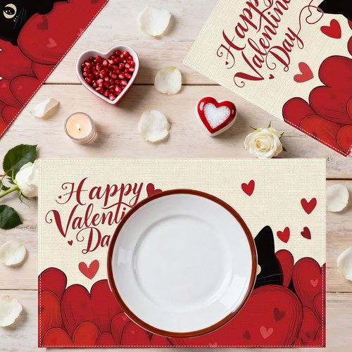 Inisajace Valentines Day Placemats Set of 4, Happy Valentine's Day Cat and Love Heart Placemats Decorations, Table Mats for Home Party Kitchen Dining Decor (12x18 Inch)