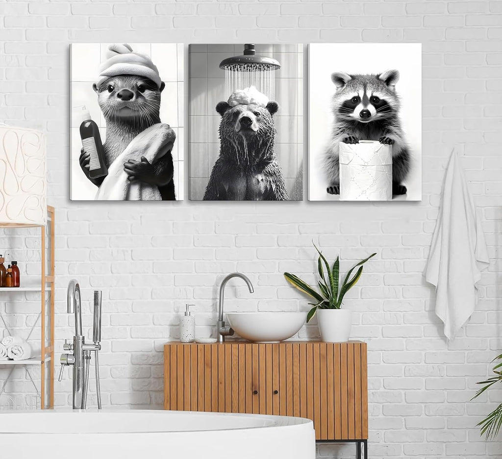 Regine Switzerland 3-Pc Black & White Animal Bathroom Wall Art - Cute Bear & Raccoon Prints