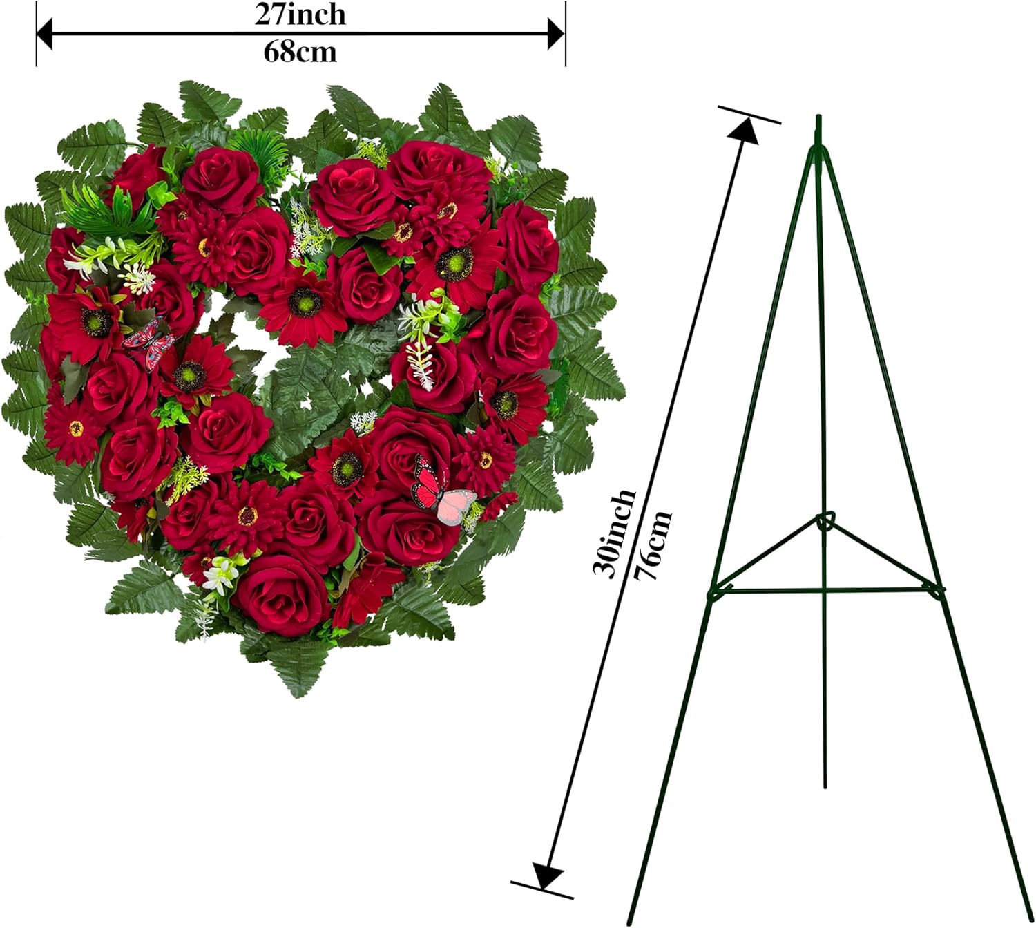 Regine Switzerland Cemetery Wreath - Heart-Shaped Remembrance Floral with 30-Inch Easel Stand | Red Rose
