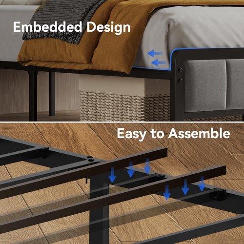 BedsPick Queen Bed Frame with Ergonomic Headboard, Upholstered Metal Platform Bed Queen Size with 2-Tier Storage, Charging Station, Smart LED Lights, Easy Assembly, No Box Spring Needed, Gray