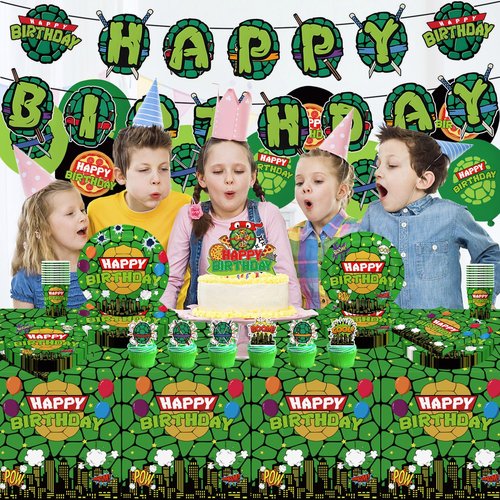 104pcs Birthday Decorations Tableware Set for 20 Guests Include Banner ,Paper Plates of 2 Size,Napkins and Paper Cups,Cake Topper,Balloons and Plastic Tablecloth