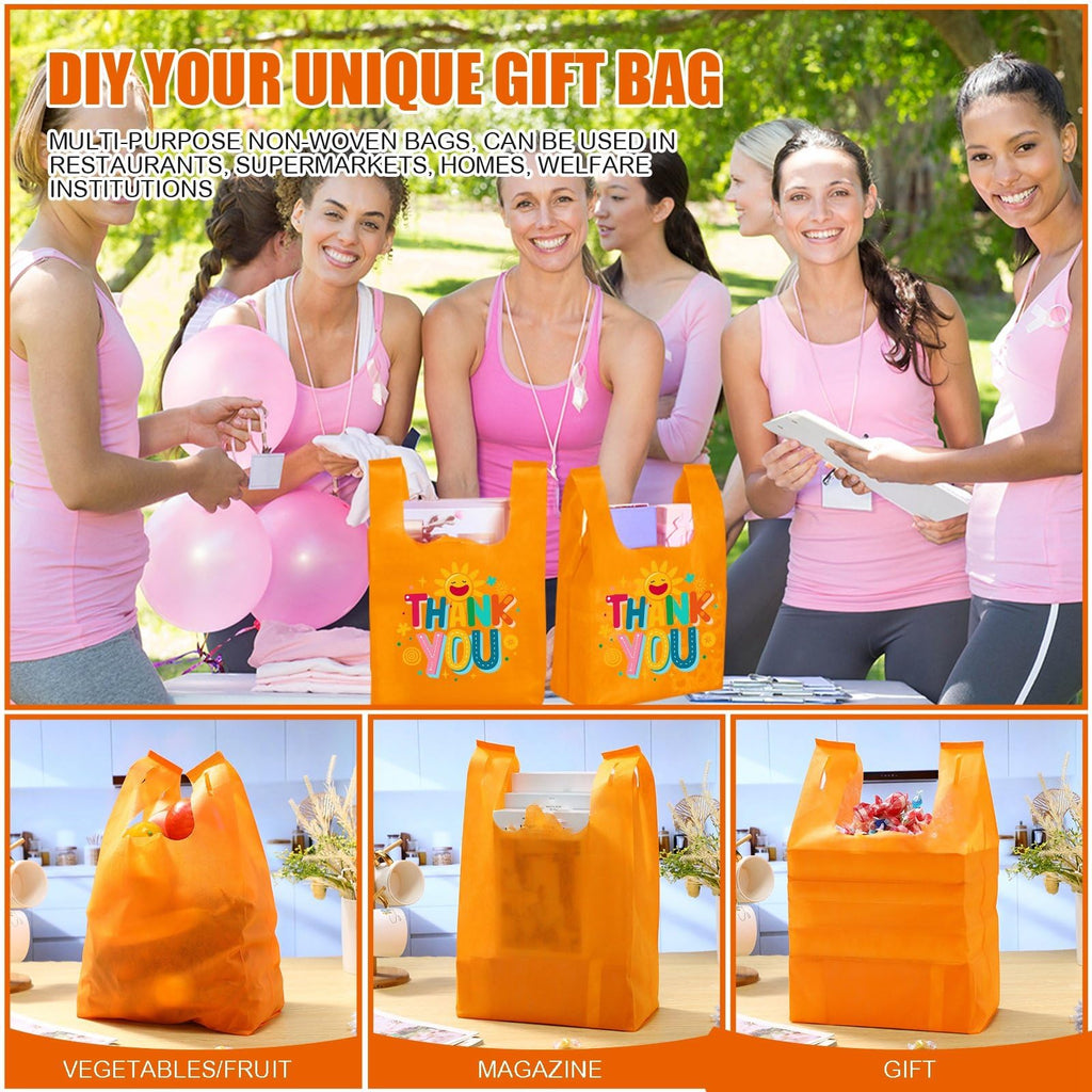 Windyun Large Grocery T-shirt Bags Bulk Reusable Non Woven Shopping Bag Foldable Gift Tote with Handle, 21x11x6 Inch(200 Pcs,Orange)