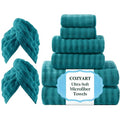 COZYART Lint Free Towel Sets 8 Pcs Teal, Super Soft, Thick, Absorbent & Quick Dry Microfiber 3D Bubble Bathroom Daily Use Set with 2 Bath Towels, 2 Hair Towels, 2 Hand Towels, 2 Washcloths