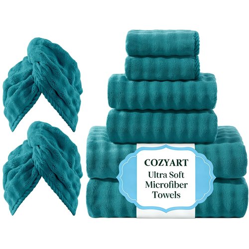 COZYART Lint Free Towel Sets 8 Pcs Teal, Super Soft, Thick, Absorbent & Quick Dry Microfiber 3D Bubble Bathroom Daily Use Set with 2 Bath Towels, 2 Hair Towels, 2 Hand Towels, 2 Washcloths