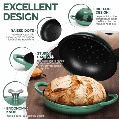 E-far Dutch Oven for Sourdough Bread Baking, 6 Qt Round Enameled Cast Iron Dutch Oven for Homemade Artisan Bread, Dome Lid & Shallow Base, Matte Black Interior & Durable, Oven-Safe to 500℉, Dark Green