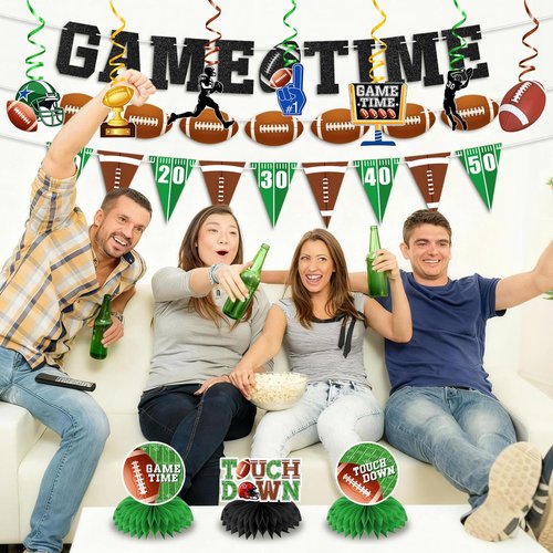 20Pcs Football Party Decorations Kit | Game Time Football Garland Banner Hanging Swirl Touch Down Honeycomb Centerpiece | Birthday & Tailgate Party Supplies
