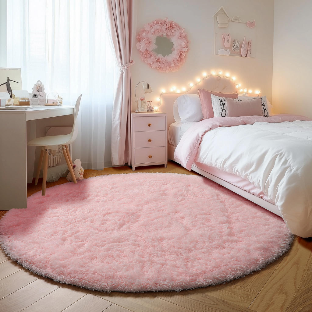ONASAR Light Pink Fluffy Round Rugs 4ft for Girls Bedroom, Circle Area Rug for Kids Teen, Soft Plush Shaggy Circular Carpet for Nursery Dorm Classroom Playroom Living Room Home Decor Aesthetic