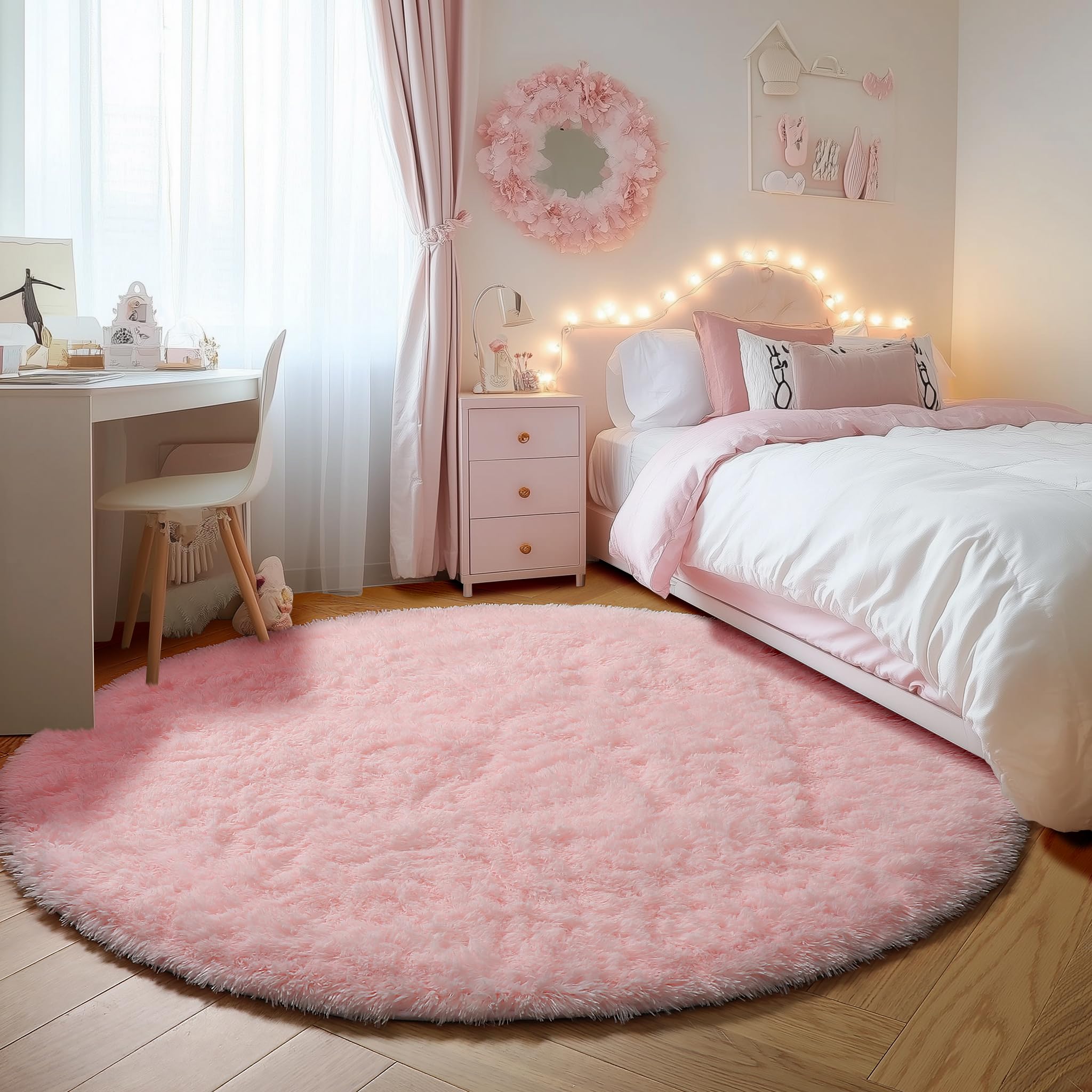 ONASAR Light Pink Fluffy Round Rugs 4ft for Girls Bedroom, Circle Area Rug for Kids Teen, Soft Plush Shaggy Circular Carpet for Nursery Dorm Classroom Playroom Living Room Home Decor Aesthetic
