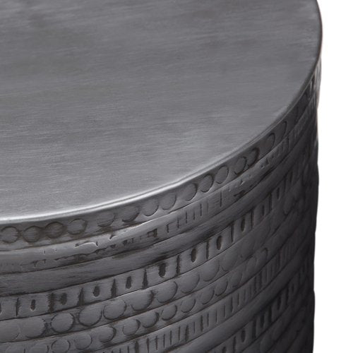 SIMPLIHOME Johnsen Metal Table - 15 inch Wide Solid Iron Drum Accent Table in Antique Silver with Tribal Pattern, Round Boho End Table for Living Room, Bedroom, or Home Office, Fully Assembled