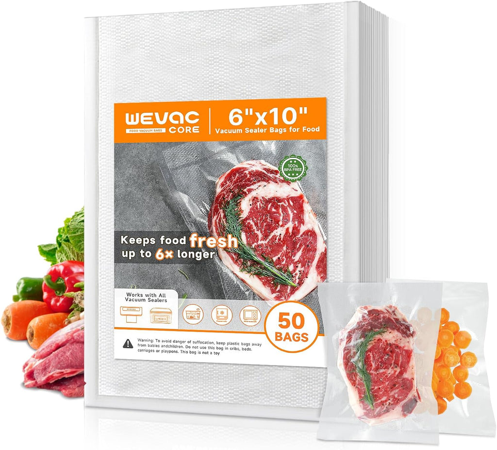 Wevac Vacuum Sealer Bags - Heavy-Duty BPA-Free Food Storage | 50 Count (6"×10"), Puncture-Resistant & Freezer Safe