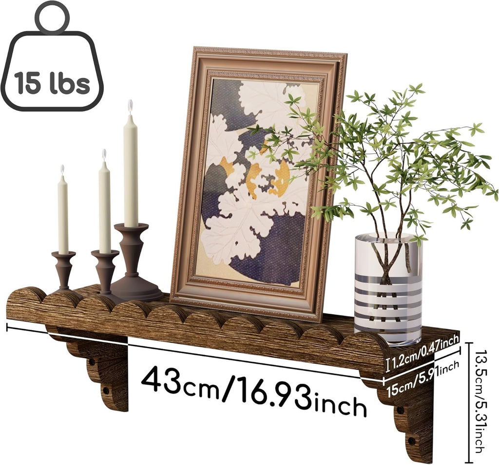 QsQueen Scalloped Wood Wall Shelf - 17-Inch Rustic Floating Shelf with Easy Install Brackets for Any Room