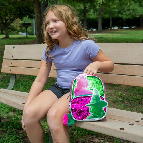 AI ACCESSORY INNOVATIONS Wicked 9” Micro Mini Backpack Purse Featuring Glinda & Elphaba 3D Character Patches, Shiney Sequins, & Pompom Dangle
