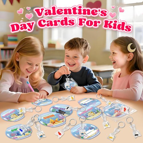 AuroTops Valentines Day Gifts for Kids,24 Pack Resin Fish Keychain with Valentines Day Cards for Kids School Classroom Exchange gifts for Boys Girls Keychains Bulk Kids Party Favors