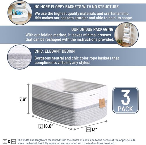 NaturalCozy Storage Baskets - 3-Pack Cotton Rope Woven Organizers | 16.8”x13”x7.6” for Toys, Laundry, and More