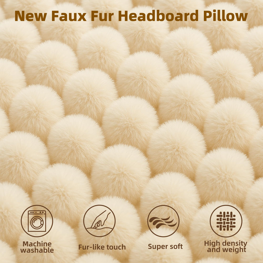 Wellty Care Luxury Faux Fur Headboard Pillow Twin Size - Triangular Wedge Cushion for Bed & Sofa, Fluffy Reading Backrest Bolster with Detachable Neck Roll, Washable Cover & Side Pocket, Ivory