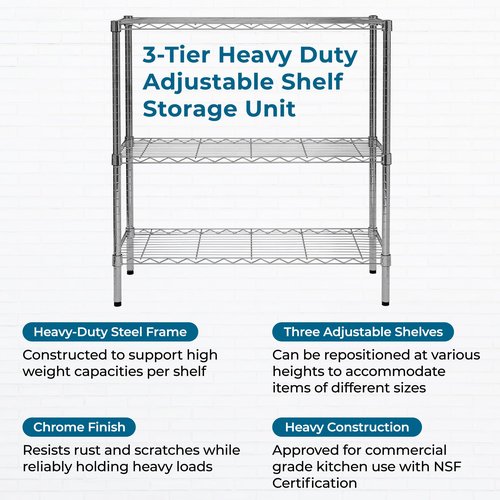 Honey-Can-Do 3-Tier Heavy-Duty Adjustable Shelf Storage Unit With 200-lb Capacity, Chrome SHF-09367 Steel Shelving, Heavy Duty Shelves, Shelving Unit,