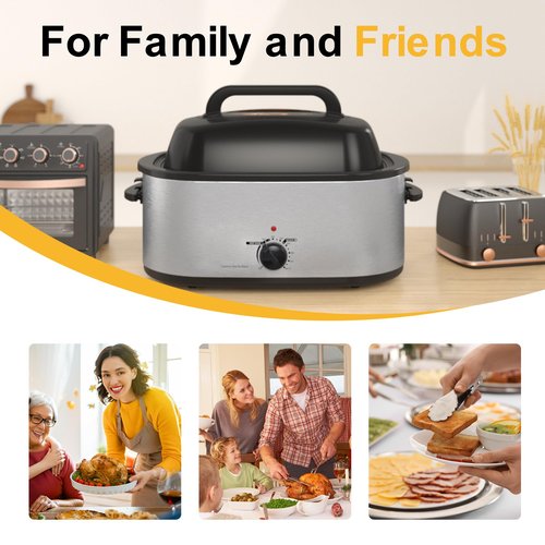 Roaster Oven 26Qt, Multifunctional Electric Roaster Oven for Turkey Meats Bread Soup Sauce, Fast-Cooking Turkey Roaster with Self-Basting Lid, Removable Pan and Rack, Stainless Steel