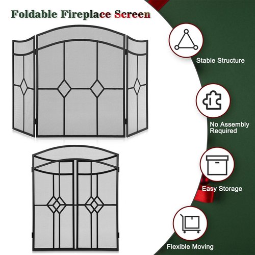 FEED GARDEN 3 Panel Fireplace Screen Wrought Iron 48" W x 30" H Foldable Heavy Duty Fire Spark Guard Cover with Metal Decorative Mesh for Living Room, Home Decor Indoor, Black