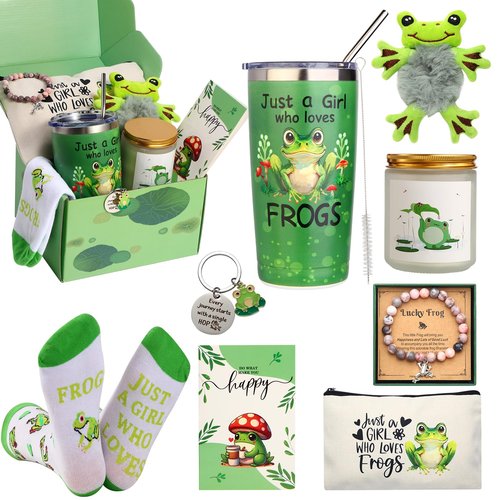 Bayelove Frog Gifts for Women Frog Lovers Stuff Gifts Include Hair Tie 20oz Tumbler Mug Keychain Makeup Bag Candle Socks Bracelet Card for Women Christmas Birthday