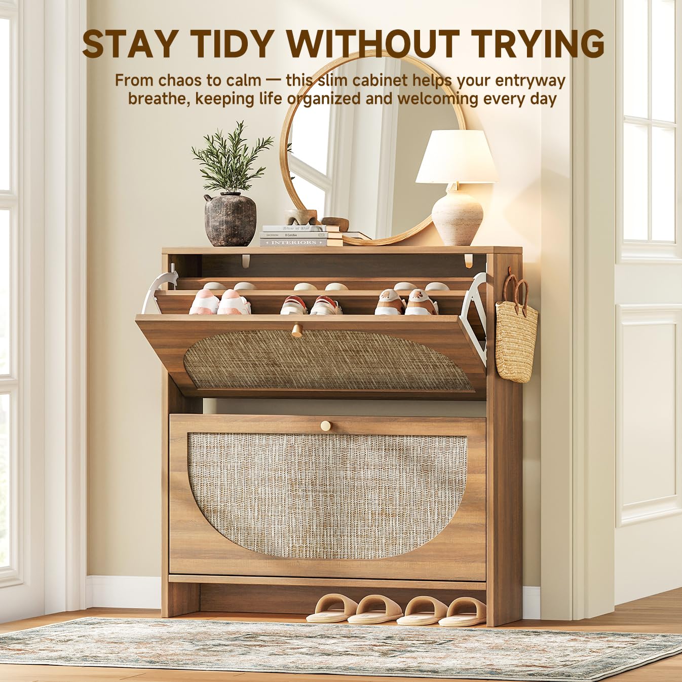 Nicetree Rattan Arched Accent Shoe Storage Cabinet - Freestanding Ultra Slim for Entryway, 2 Flip Drawers & 3-Tier Adjustable Shelves, Farmhouse Modern Rustic Shoe Rack for Hallway, Foyer, Living Room