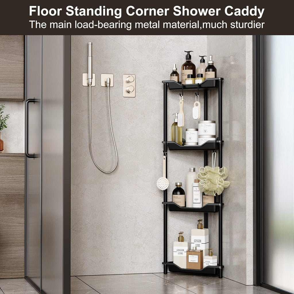 Orimade 4-Tier Rustproof Corner Shower Caddy Organizer - Durable Plastic & Metal, 10.8 x 10.8 x 44.6 Inches, Black