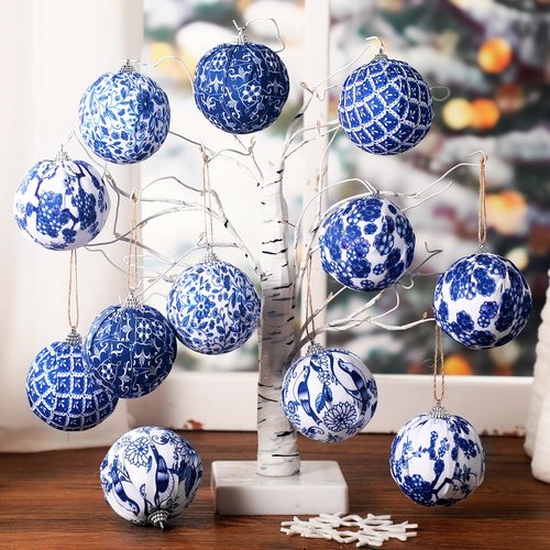 Preboun 12 Pcs Christmas Chinoiserie Ball Ornaments Blue and White Chinoiserie Tree Decoration Christmas Tree Hanging Ornaments Fabric Wrapped Home Xmas Decor for Modern Party (Blue,1.97 Inch)