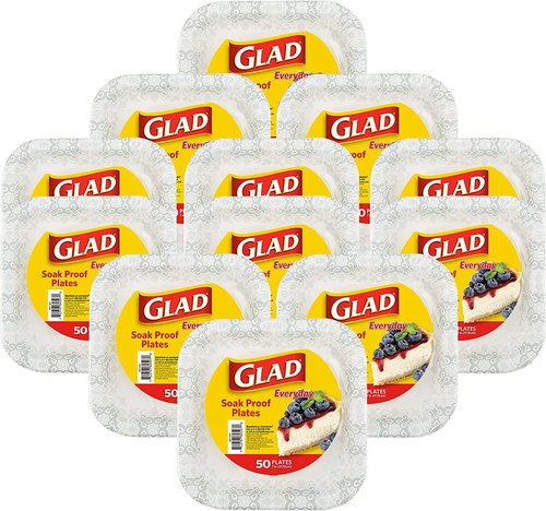 Glad Square Heavy Duty Paper Plates, Soak Proof and Cut Proof Disposable Plates for Parties and Everyday Meals, Microwaveable for Easy Serving, Grey Victorian Pattern, 7 Inch, 50 Count - 12 Pack